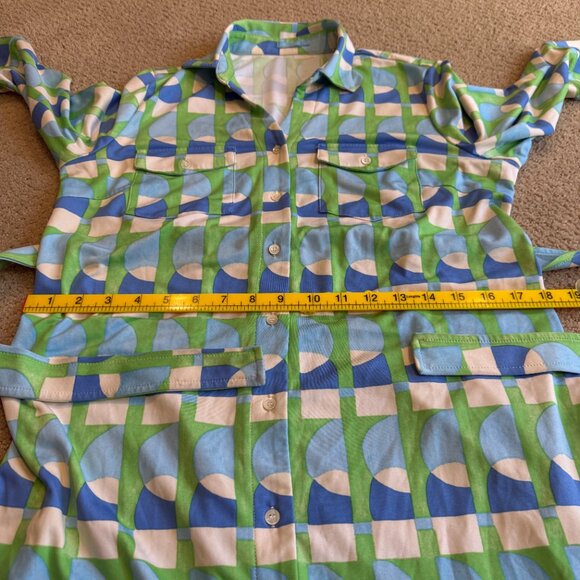 J McLaughlin Brynn Shirt Dress Lyford Jersey Preppy Geometric Print Aqua LARGE - Picture 8 of 16